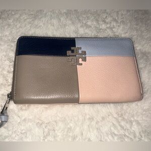 Tory Burch Colorblock Zip Wallet in Navy, Light Blue, Taupe & Pink
